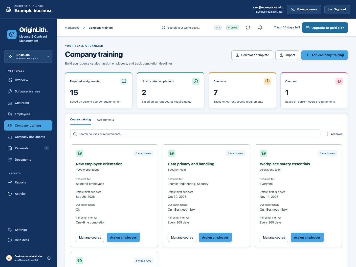 Company training catalog with assigned employees, completion progress, and upcoming due dates.