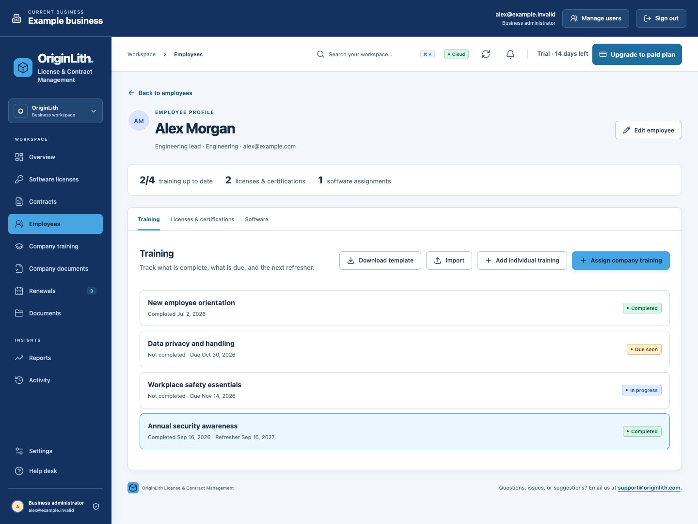 Employee profile with training, professional licenses, certifications, and assigned software.