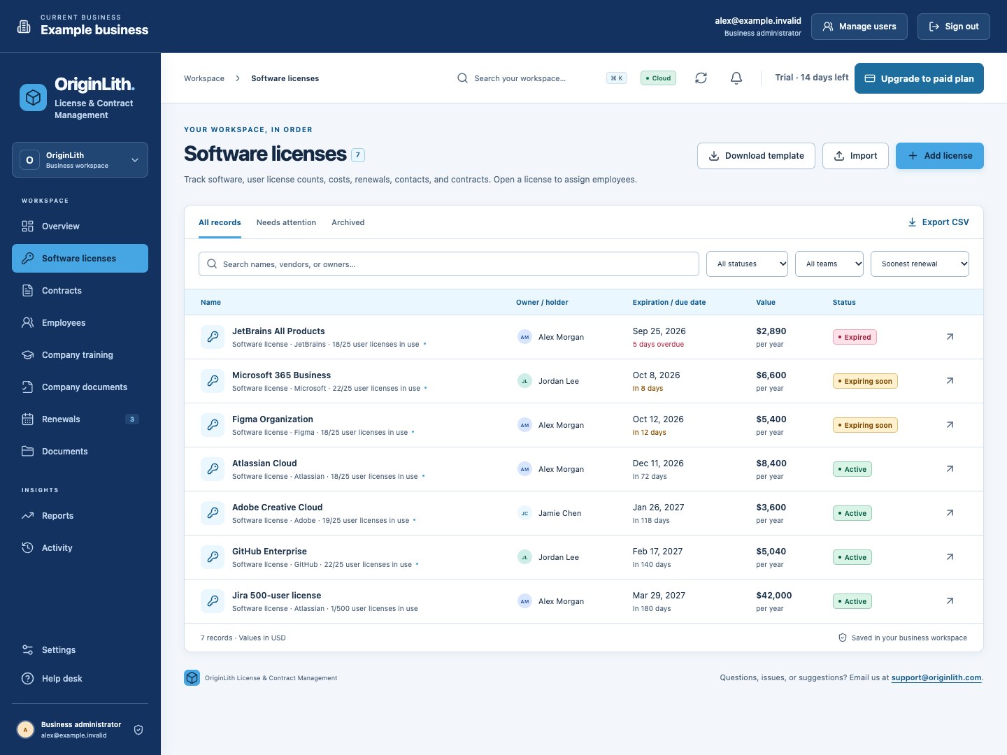 Software license inventory showing products, vendors, business owners, costs, and renewal dates.